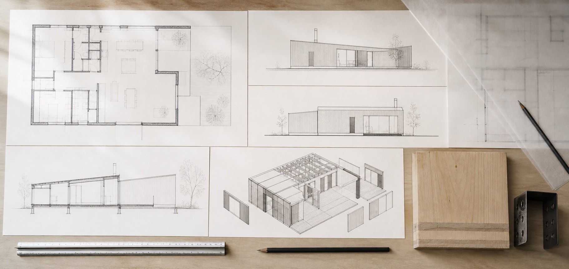 Planos de arquitectura industrializada con planta, alzados, sección y axonometría constructiva