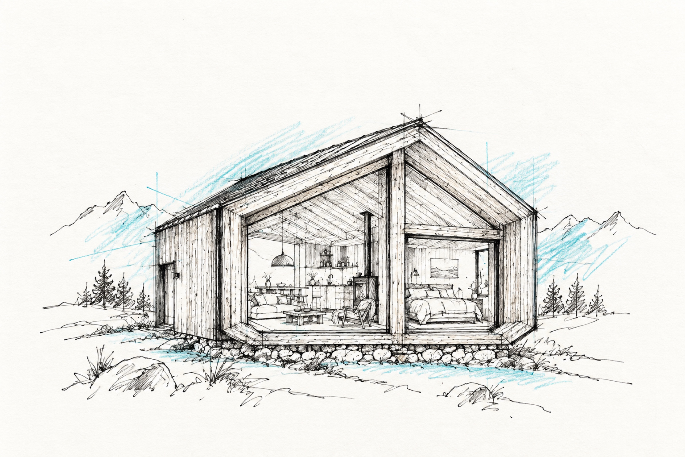 Croquis de una vivienda compacta de madera en un paisaje de montaña